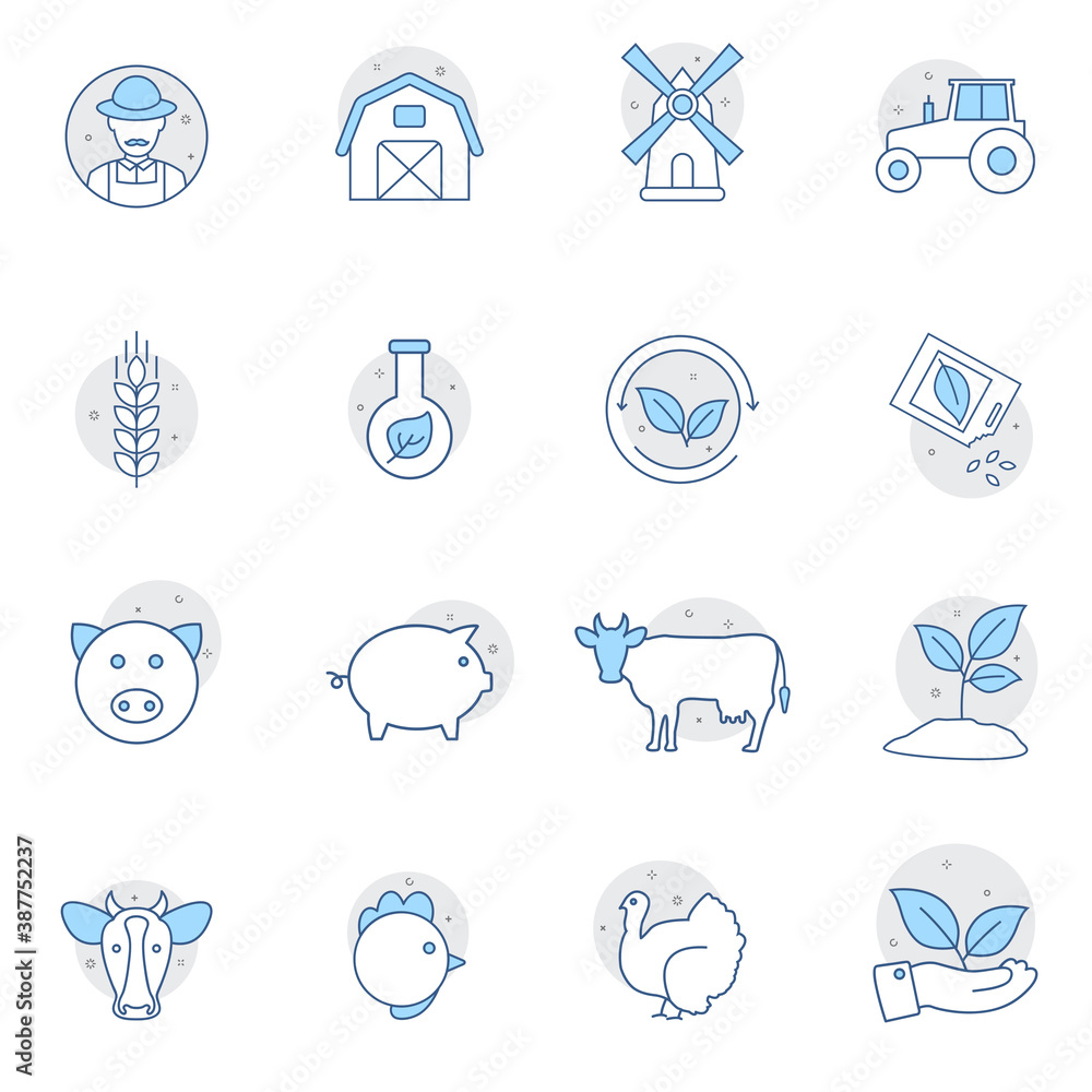Farming icons set vector illustration. Contains such icon as agriculture, planting, fertilizer, livestock and more. Web design, mobile app.
