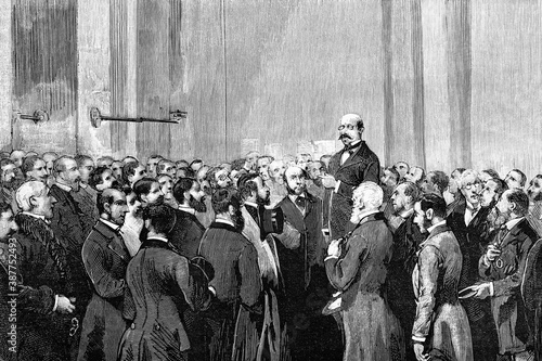 London, the stock exchange to receive the news of the attack and that Queen Victoria was unharmed. Antique illustration. 1882.