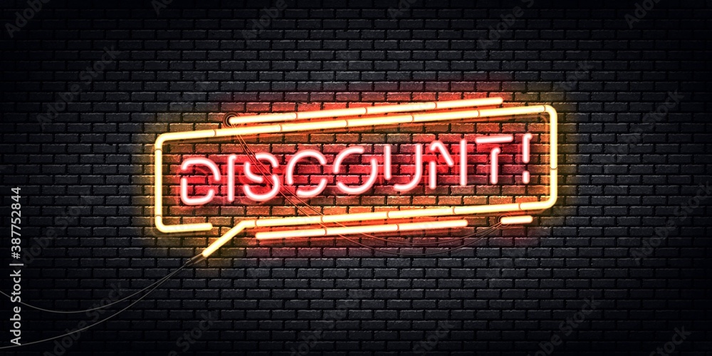 Fototapeta premium Vector realistic isolated neon sign of Discount logo for template decoration and invitation design.