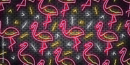 Vector realistic isolated neon sign of Flamingo on a wall seamless pattern for template website decoration and wallpaper covering on the wall background. Concept of summer.