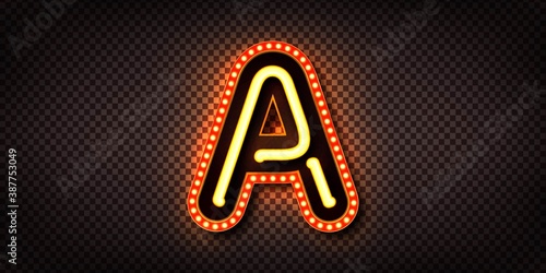Vector realistic isolated marquee light bulb neon letter A for template decoration and invitation covering. Concept of broadway and show.