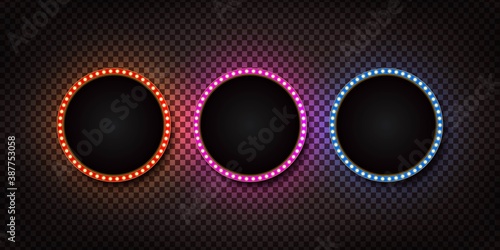 Vector set of realistic isolated circle retro marquee billboard with electric light lamps for invitation on the transparent background. Concept of vintage decoration.