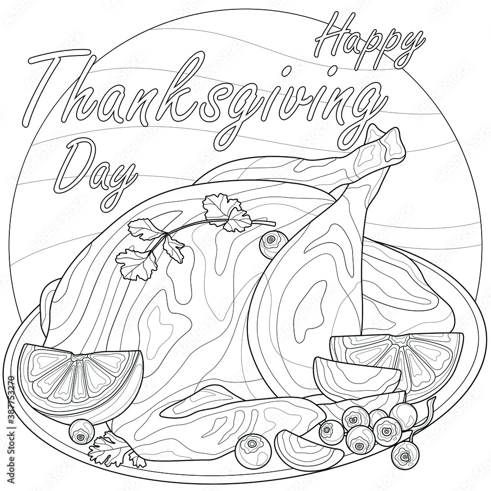 Baked turkey. Happy Thanksgiving.Coloring book antistress for children and adults. Illustration isolated on white background.Zen-tangle style.