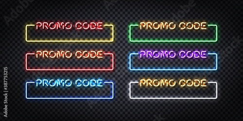 Vector set of realistic isolated neon sign of Promo Code frame logo for invitation design.