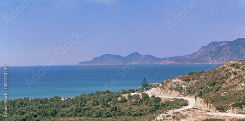 kos, meer, wasser, blauer himmel, grün, landschaft, natur, blau, beach, insel, urlaub, mittelmeer, griechenland, berg, road