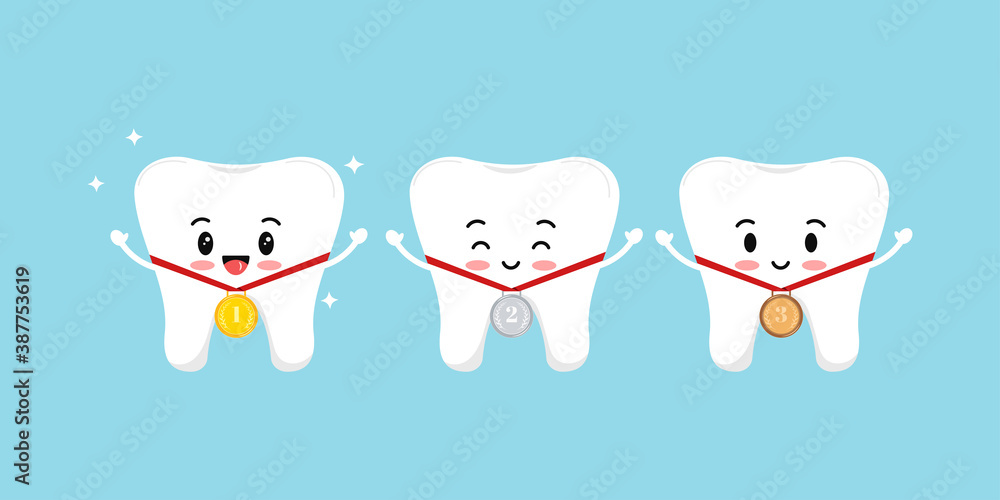 Teeth and medal golden, silver, bronze with laurel branches and red ribbon isolated on background. Dental tooth competition set with first, second, third place emblem. Vector flat design illustration.