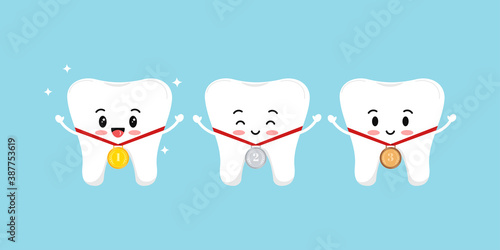 Teeth and medal golden, silver, bronze with laurel branches and red ribbon isolated on background. Dental tooth competition set with first, second, third place emblem. Vector flat design illustration.