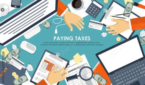 Tax payment. Government, state taxes. Data analysis, paperwork, financial research, report. Businessman calculation tax return. Flat design. Tax form vector. Payment of debt.