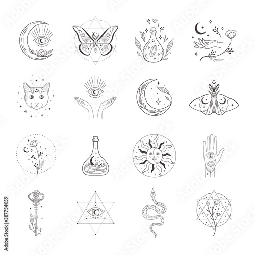 Collection of vector abstract spiritual line drawing logo design templates and elements, frames, detailed decorative illustrations and icons for various ocasions and purposes. Trendy lineart style