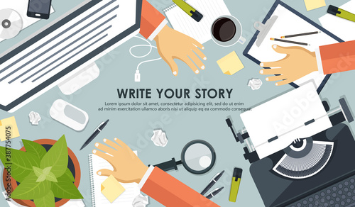 Write your story business banner for journalism. Flat vector illustration