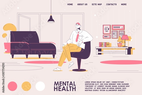 Psychoterapist at office concept landing page template. Pink and yellow colors, comfortable sofa, doctor waiting for client for the therapy session