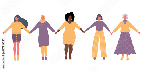 Women are holding hands. International Women's Day concept. Women's community. Female solidarity.Women silhouettes of different races, different ages. Vector illustration