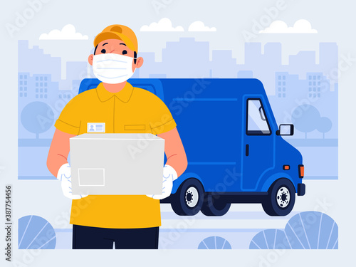 Courier in a medical mask. Delivery service during the coronavirus epidemic. Fast shipping