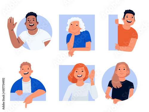 Smiling cheerful curious people. Set of characters happy men and women peeping and greeting