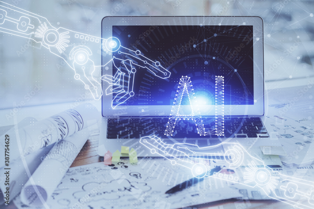 Double exposure of desktop computer and technology theme hologram. Concept of software development. Double exposure of desktop computer and technology theme hologram. Concept of software development.