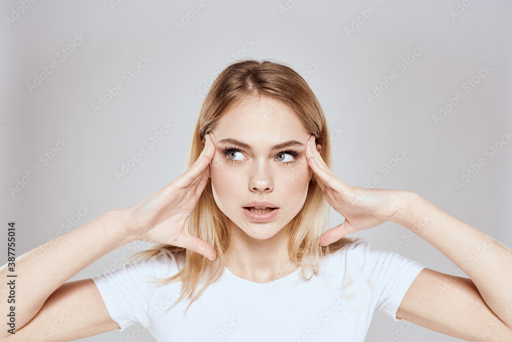 emotional blonde white t-shirt close-up studio lifestyle fun emotional blonde white t-shirt close-up studio lifestyle fun