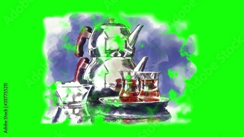 Turkish teapot watercolor animation on green background photo