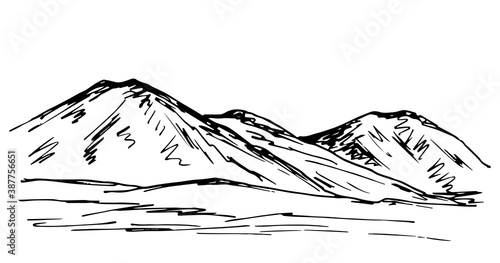 Hand-drawn simple vector sketchy drawing in engraving style. Panoramic mountain landscape, hilly, rocky terrain. Geology, travel, tourism, sports.