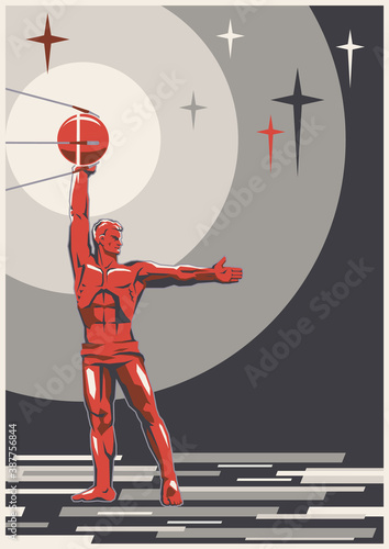 Old Soviet Space Propaganda Posters Style Illustration, Man and Satellite Mosaic 
