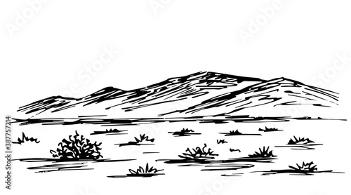 Hand-drawn simple vector sketchy drawing in black outline. Panoramic mountain landscape, hilly, rocky, desert arid area. Geology, travel, tourism.