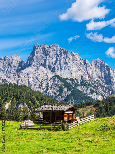 Blick auf die Litzlalm mit Hütte in Österreich photo