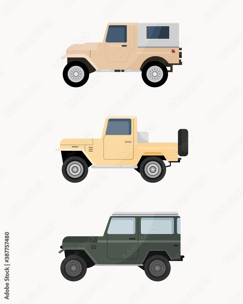 Set of off-road suv car. Off road vehicles vector illustration.