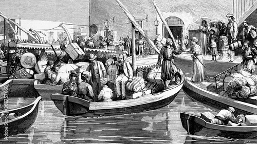 Alexandria, Egypt, European families leaving the city before the imminence of the bombing. Antique illustration. 1882. photo
