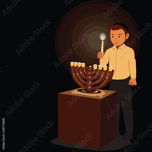 Lighting Hanukkah candles (Jewish holiday)
A religious, orthodox child, holding a large candle in his hand, in front of him is a menorah on a table.
Vector drawing in warm tones