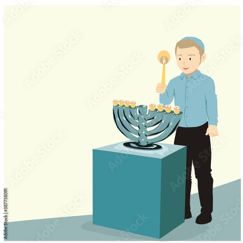 Lighting Hanukkah candles (Jewish holiday)
A religious, orthodox child, holding a large candle in his hand, in front of him is a menorah on a table.
Vector drawing in pastels tones