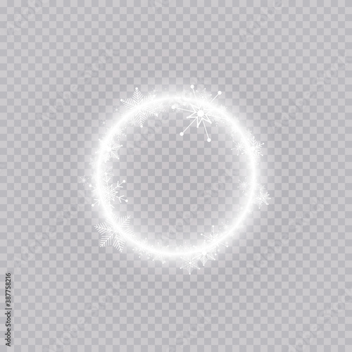 Round winter snow frame border with stars, sparkles and snowflakes on transparent background. Festive christmas banner, new year greeting card, postcard or invitation vector illustration