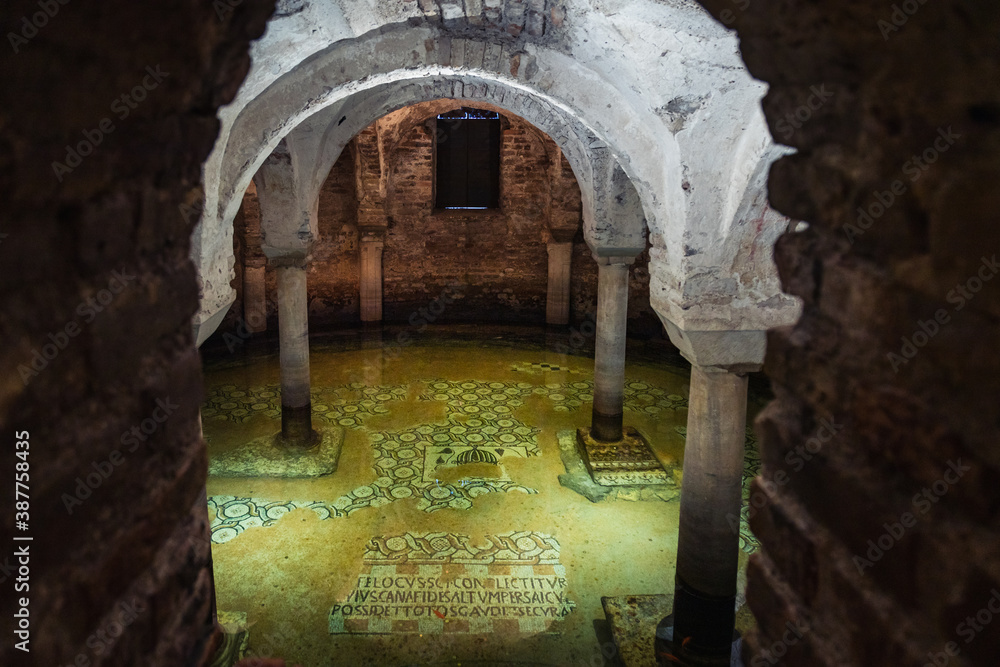 Ravenna / Italy - August 2020: Interior of the flooded crypt of the Basilica of San Francesco