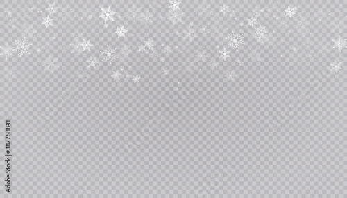 White snow flies on a transparent background. Christmas snowflakes. Winter blizzard background illustration.