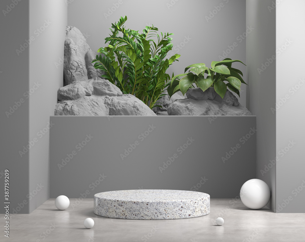 Mockup Geometry Podium Gray Scene With Natural Plant And Rock Background 3d Render - obrazy, fototapety, plakaty 