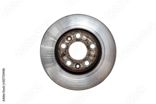Front old brake disc covered with rust, isolated on a white background with a clipping path.