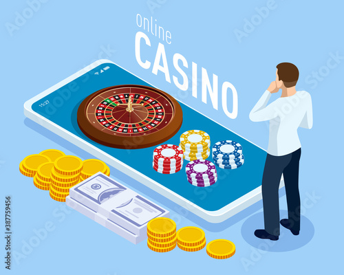 Isometric Smartphone with Coins and Roulette. Online casino gambling concept.