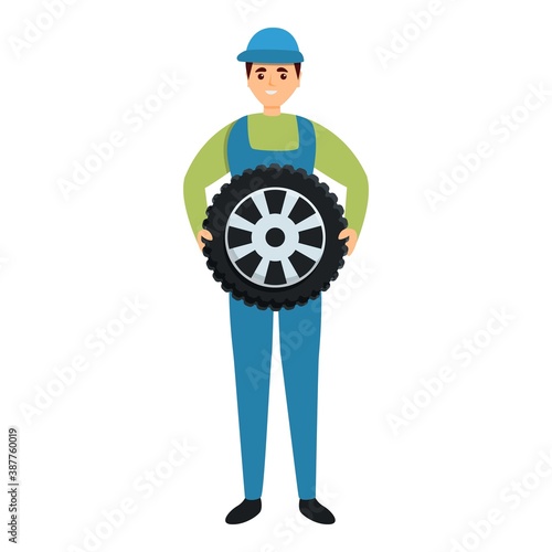 Mechanic with wheel icon. Cartoon of mechanic with wheel vector icon for web design isolated on white background