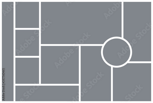 Photo collage template. Vector. Mood board. Picture grid with circle. Moodboard background. Mosaic frame banner. Horizontal rectangle design of mockup. Simple illustration. Photography album layout.