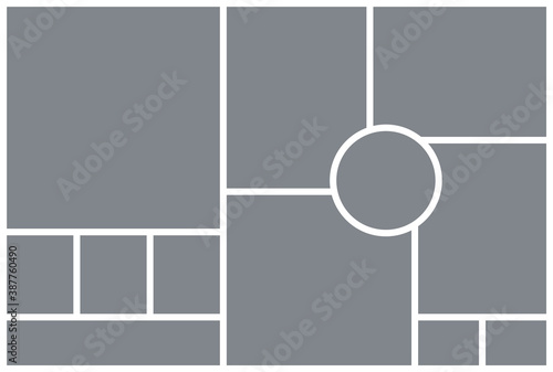 Mood board template. Photo collage grid. Vector. Moodboard design with circle. Mosaic frame banner. Photography album layout. Gray pictures on white background. Minimalistic simple illustration