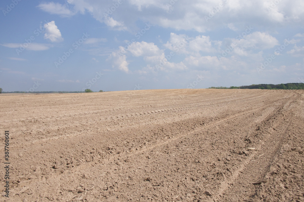 Beautiful sky over a plowed agricultural field. Agro-industrial landscape. A plowed farm field. Cultivated soil during the day. Beautiful sky over a plowed agricultural field. Agro-industrial landscape. A plowed farm field. Cultivated soil during the day.