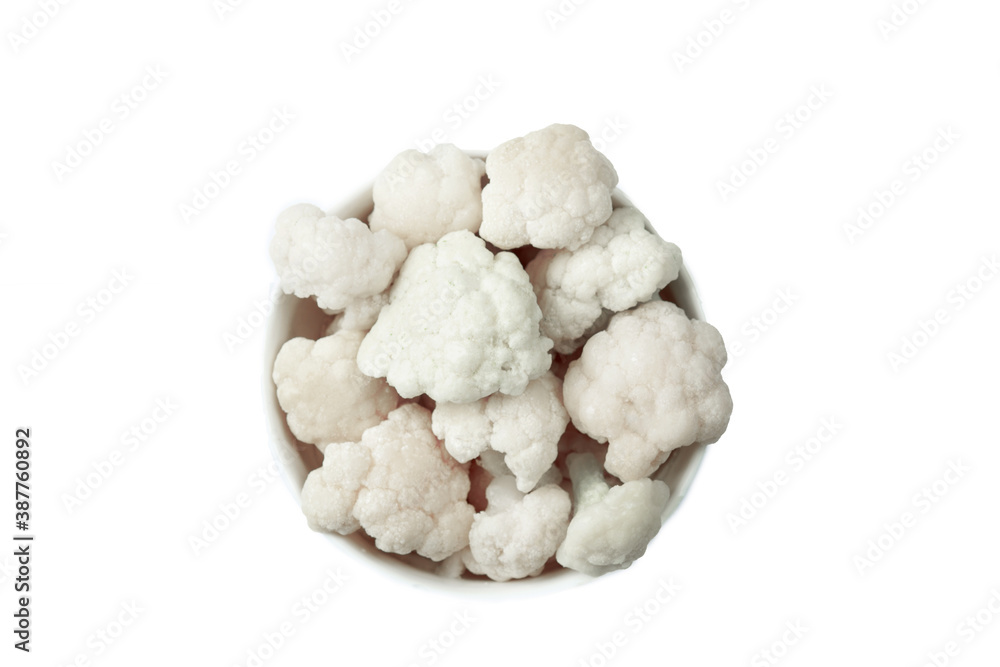 Frozen cauliflower florets in a bowl isolated on white backgroung, top view Frozen cauliflower florets in a bowl isolated on white backgroung, top view