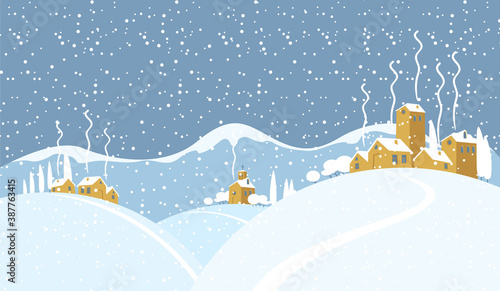 Snowy winter landscape with small village church and houses on the snow-covered hills. Vector illustration, winter background in cartoon style