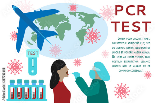 Mandatory PCR testing for coronavirus for air travel, travel. Vector illustration. space for text