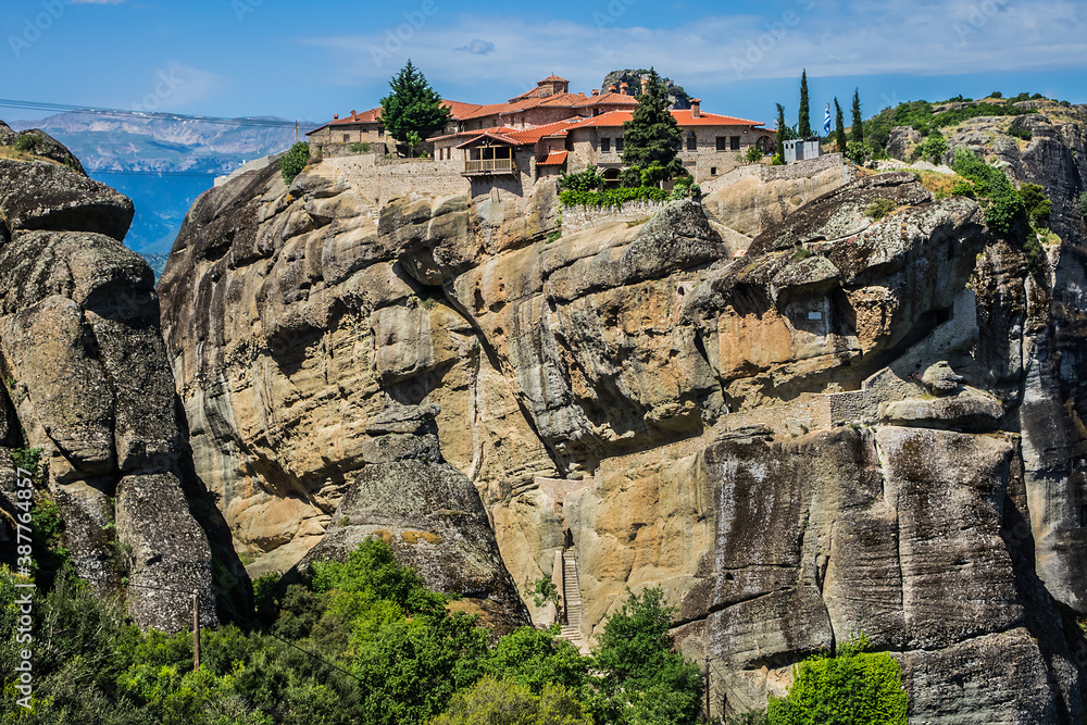 Rock cliffs (60 million years old) in deltaic plains of Meteora. Cliffs rise to a height of 400 meters. They situated in Pineios Valley within Thessalian plains close to town of Kalambaka. Greece.