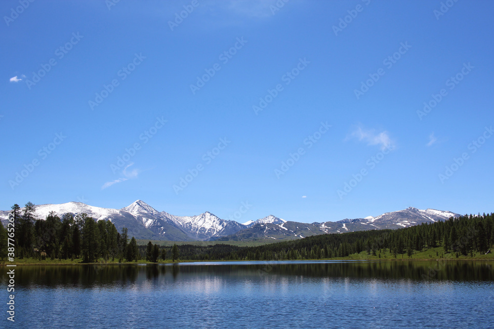 The snow-covered mountain range and green forest are reflected in the crystal blue waters of the lake. Pastoral meditative landscape.  Mountain Lake.  Wildlife. Travel across Russia