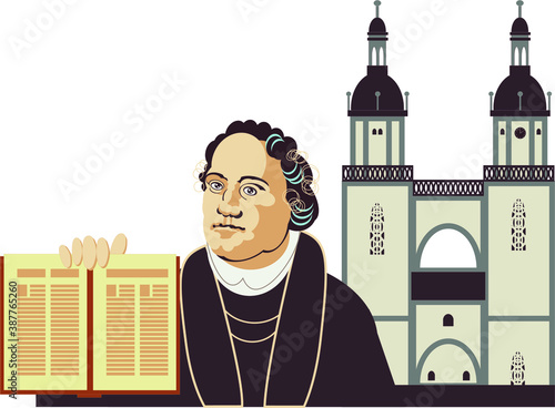 Martin Luther in a historical costume holding an open Bible book in his hand and a building of St. Mary's Church in Wittenberg, Germany. Illustration in style for the day of the Reformation.