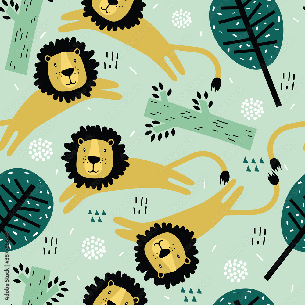 Lions, trees, hand drawn backdrop. Colorful seamless pattern with animals. Decorative cute wallpaper, good for printing. Overlapping background vector. Design illustration