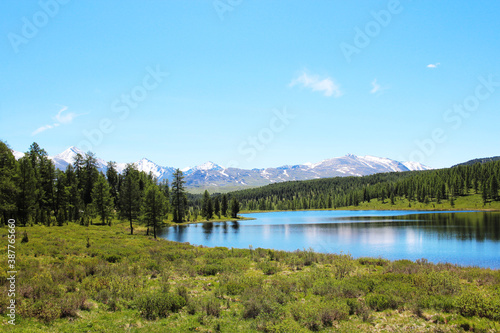 Pastoral calm and vibrant landscape. Lush green grass and trees  crystal blue lakes and snow-capped mountains on the horizon