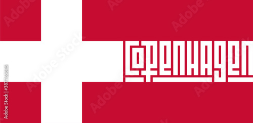 Welcome to Denmark, Copenhagen. Stylized lettering in the colors of the Denmark flag. Original inscription for t-shirt, tourist poster or postcard.