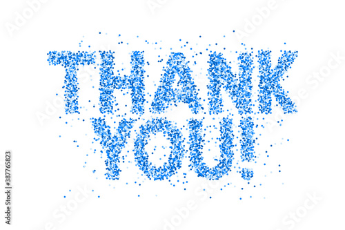 Thank you Banner with blue confetti text on white background. Elegant luxury Greeting card. Design for flyers, postcards, posters, and banners.