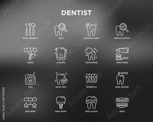 Dentist thin line icons set: dental instruments, caries under magnifier, orthodontics, tooth extraction, veneers, tooth whitening, implant, braces, calculus, ultrasonic cleaning. Vector illustration.